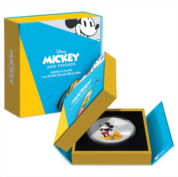 DISNEY MICKEY & PLUTO 3OZ SILVER COIN