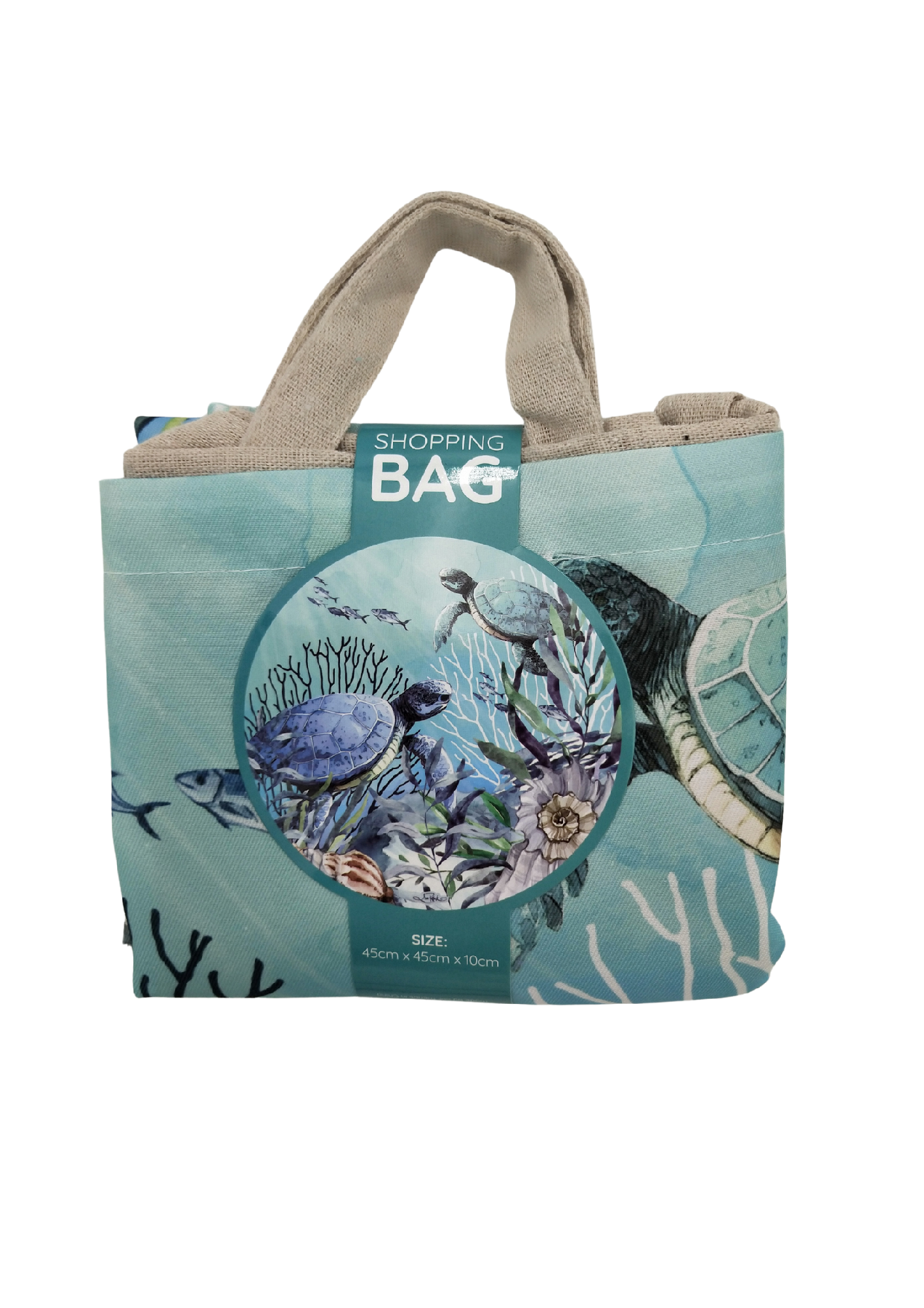 REUSABLE SHOPPING BAG. POLY/LINEN REEF TURTLES