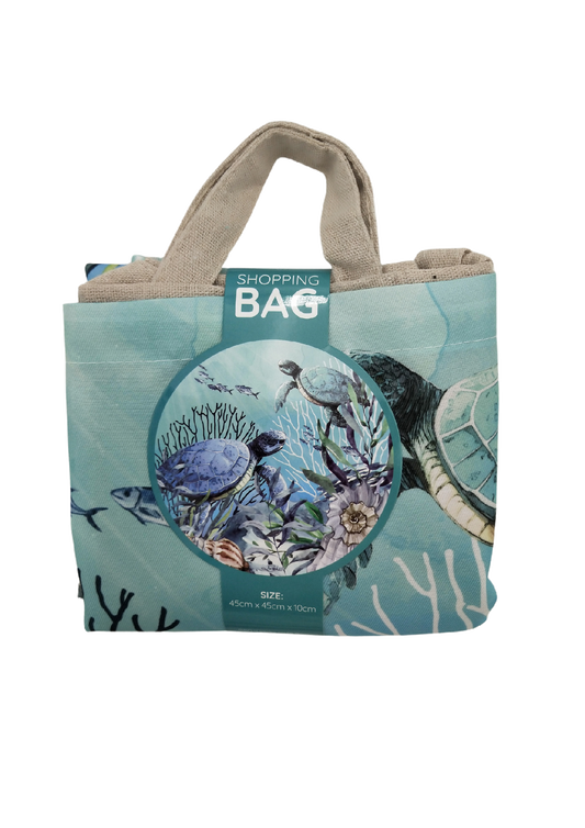 REUSABLE SHOPPING BAG. POLY/LINEN REEF TURTLES