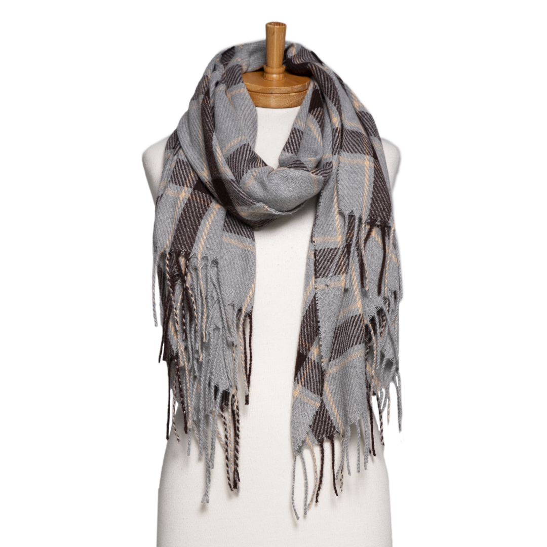 CHECKED FRINGE SCARF: GREY