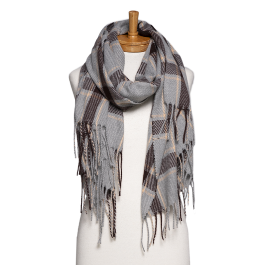 CHECKED FRINGE SCARF: GREY