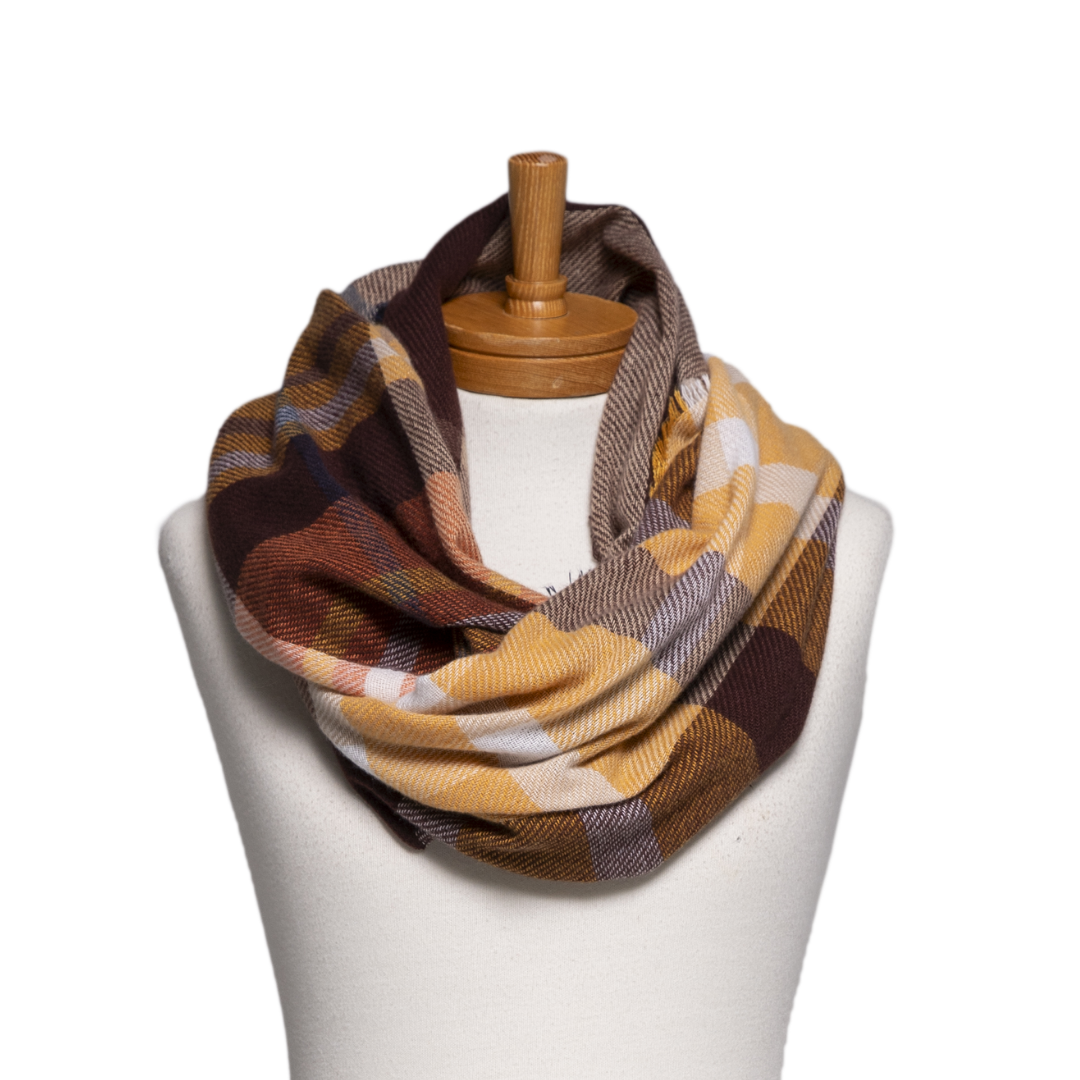 PLAID INFINITY SCARF: BROWN PLAID